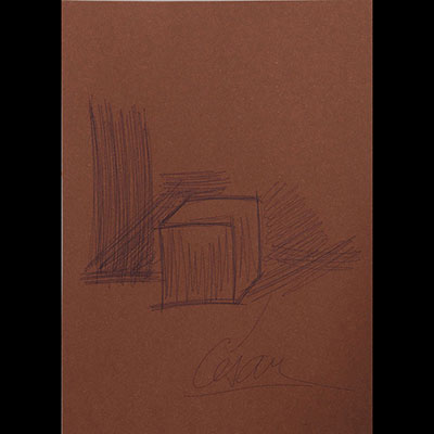Caesar Baldaccini. “cube”. Pen drawing on brown paper. Signed 