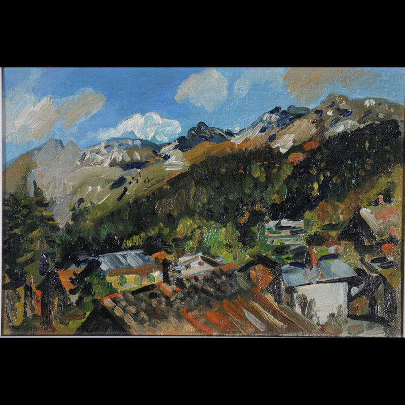 Marie HOWET (Belgique, 1897-1984) Village à la montagne. Huile sur toile. XXe siècle. 
