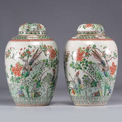 (2) 一对 19 世纪绿色家庭覆盖花瓶，带有鸟类图案
