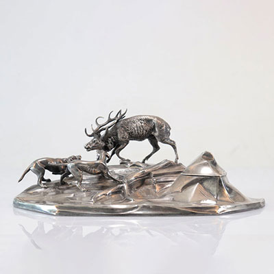 Inkwell in silver metal decorated with deer and hinds brand Kayser