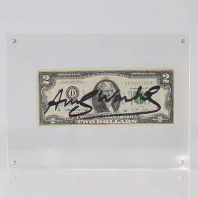 2 DOLLARS (Thomas Jefferson) / Numéro de série : KO5739639A / Dimension : 155,955 X 66,294 Millimètres / Année : 1976 / Signé en noir : Andy Warhol (recto) / Tampon Andy Warhol (verso).