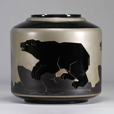 Imposant vase Art Déco aux ours, dégagé à l'acide 1930 Artver