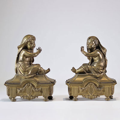 Pair of gilt bronze andirons with children - Louis XVI