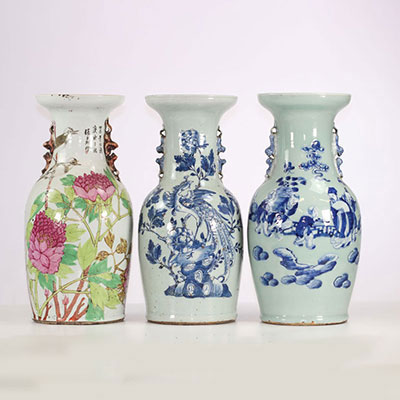 Lot of three porcelain vase two blanc-bleu and one in qianjiang enamel. China circa 1900.