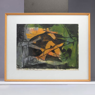 Jean SCHULER (1912-1984) techniques mixtes de couleurs sombres et de jaune au centre