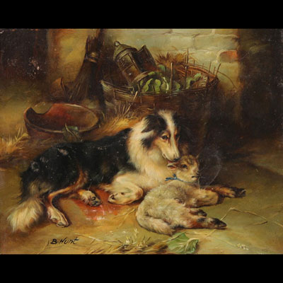 B. Hunt - Huile sur bois représentant un chien et un agneau couchés