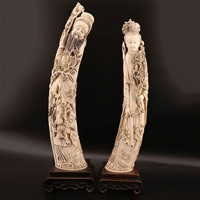 Chine - Grande sculpture du Couple impérial en ivoire
