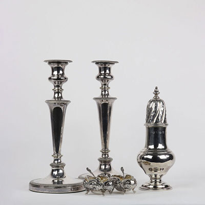 Lot of English silverware pair of shaker candlesticks and pair of salt shakers Minerva punch