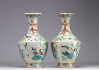 Rare large pair of Famille rose porcelain vases decorated with birds and flowers, 19th century.