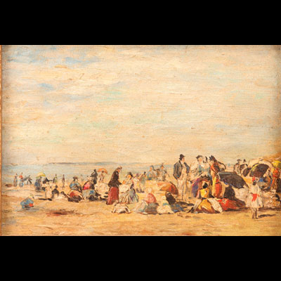 Peinture huile sur toile scène de plage 1900