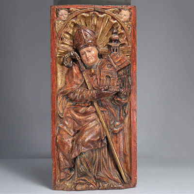Saint Wolgang panneau sculpté polychromé du XVIIe siècle