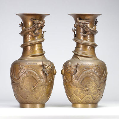 Paire de grands vases en Bronze chinois à décor de dragons