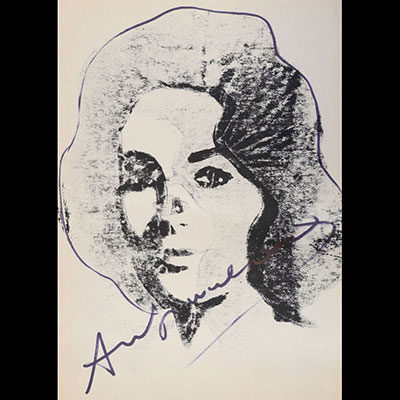 Andy Warhol. « Liz Taylor ». Offset en couleurs sur papier. Signée « Andy Warhol » au feutre et contour de feutre sur les cheveux.