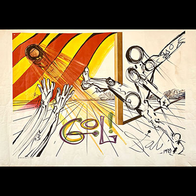 Salvador Dali. 1977. Affiche représentant le Football surréaliste Catalan. Cette affiche a été crée pour aider financièrement le club de football de Sant Andreu, région de catalogne. Editeur : Dasa Ediciones S.A