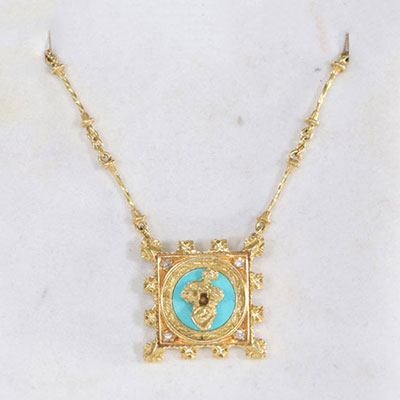 Salvador Dali Madonna de Port Lligat Necklace in yellow gold (750 thousandths), turquoise stone and diamonds. Signed on the back 