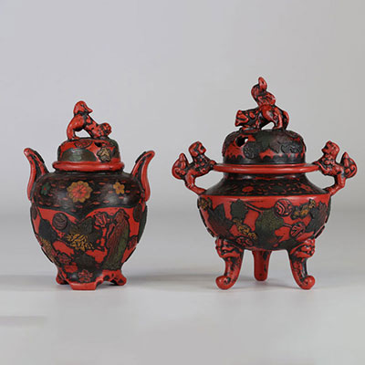 Japan Perfume burners in red lacquered stoneware 19th