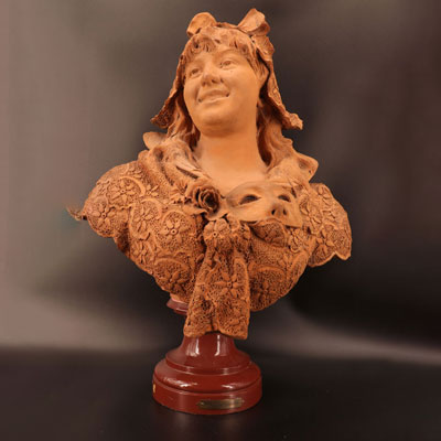 Terracotta bust of a woman signed Van den Bossche Dominique