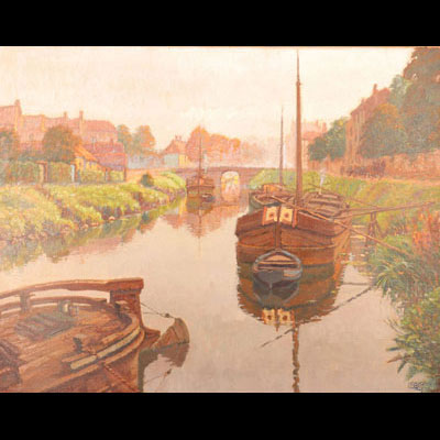 Lucien FRENNET grande huile sur toile vue du canal