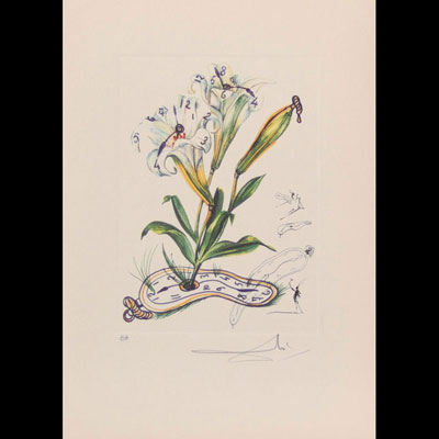 Salvador Dali. 1972. «Lilies, montre molle». Gravure en couleur sur papier arches. Signé «Dali» en bas à droite au crayon. Annotée EA en bas à gauche au crayon.
