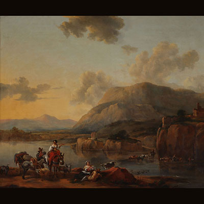 Nicolas Berchem (attribué à) - Grande huile sur toile scène de vie.