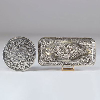 boxes (2) in silver with floral decoration