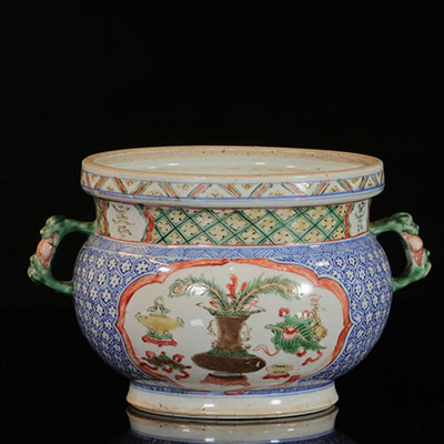 China - perfume burner in white blue porcelain and famille verte Kangxi period