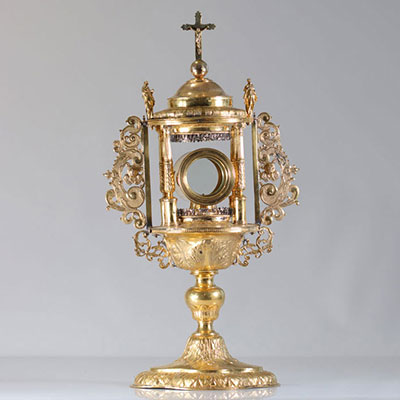 Imposing 19th reliquary monstrance in gilded bronze 19th