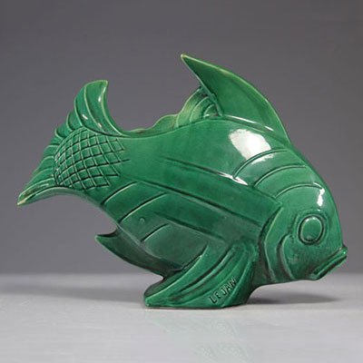 LEJAN (20th century) Green enamelled ceramic fish