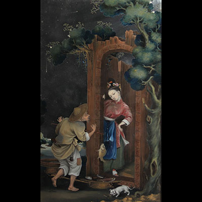 Rare peinture sous verre provenant de Chine du XVIIIe siècle, démontrant une jeune femme et marchand de poissons