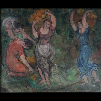 Giovanni Leaonardi huile sur toile jeune femmes la récolte des oranges 20ème 
