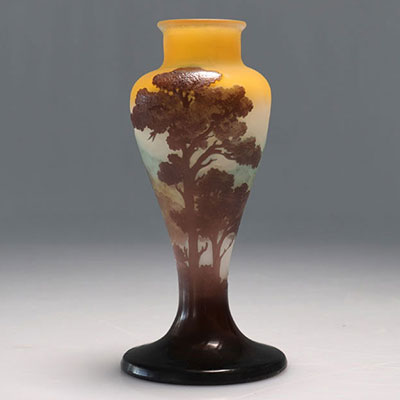 Emile Gallé multi-layered vase with a decor of mountains and trees cleared with acid