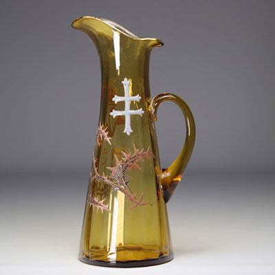 Émile GALLE (1846 - 1904) Glass pitcher Polychrome enameled thistle decor