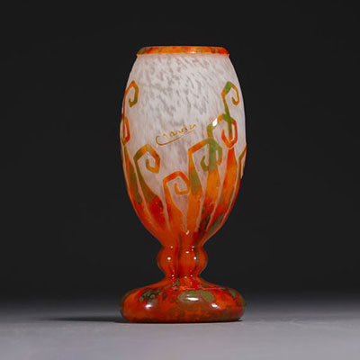 CHARDER - Acid-etched multi-layered glass vase decorated with ferns, signed in the decoration.