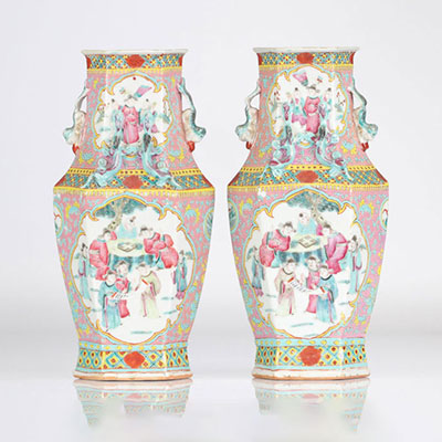 China pair of famille rose vases decorated with 19th century characters