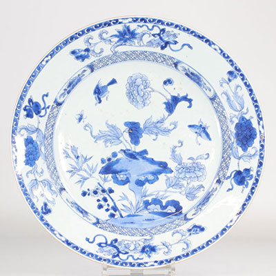 China large white blue porcelain dish rich floral decoration bird and butterfly 18th