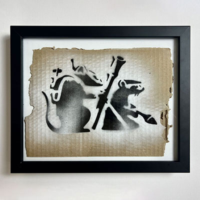 Banksy. “Rocket launcher rats”. 2015. Spray paint and stencil on cardboard.