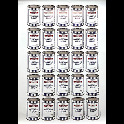 Banksy. “Tesco Value Cream of Tomato Soup Cans”, Tribute to Andy Warhol. Circa 2006. Offset printing on paper.