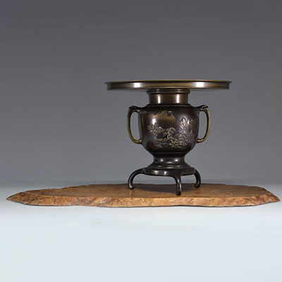Brûle parfum japonais en bronze sur socle en bois signature Meiji