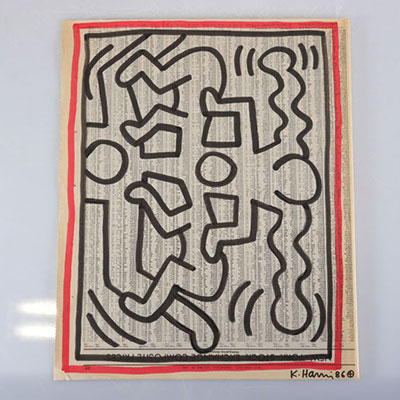 Keith Haring. Dessin original au feutre noir et rouge sur une page de journal du New York Post du Mercredi 29 Octobre 1986. Signé « K.Haring » au feutre en haut à droite. Daté 86.