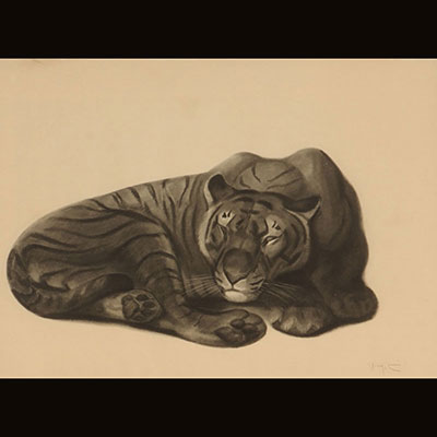 Georges Lucien GUYOT - lithographie tigre couché dans un cadre Art déco
