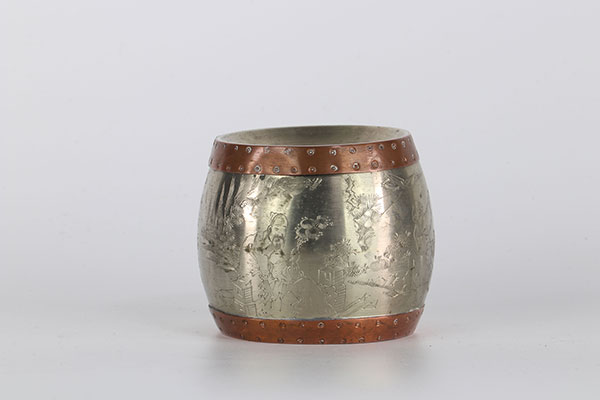 Chinese lettered object in the shape of a barrel decorated with characters and inscriptions