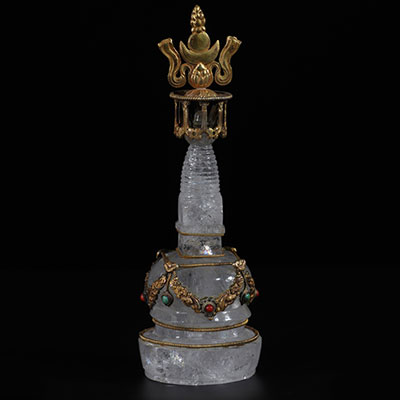 Tibet rare Stupa en cristal de roche bonze doré et incrustation 19ème