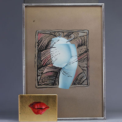 Yvon ADAM (1932-2017) abstract collage drawing on brown background enclosed in a gilded box decorated with red lips and signed