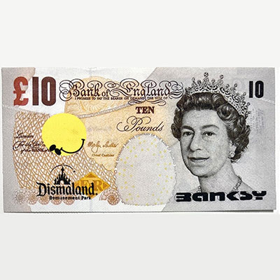 Banksy. “Queen Elizabeth II”. Silkscreen on canvas, depicting a 10-pound note.