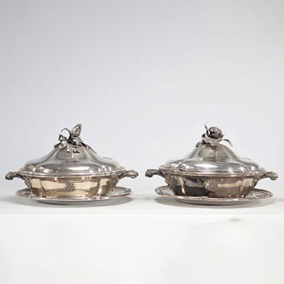 Two silver tureens Louis XV style, master goldsmith Augoc Ainé, with silver inner shells, approx. 5.900 g